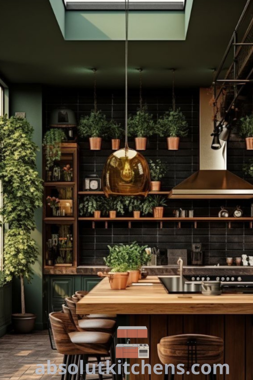 A kitchen with dark green walls and plenty of potted plants on the shelves, showcasing a cozy aesthetic and dark boho style. This space offers design ideas for small kitchens, emphasizing vibrant greenery and functional decor solutions. Explore more inspirations at absolutkitchens.com.