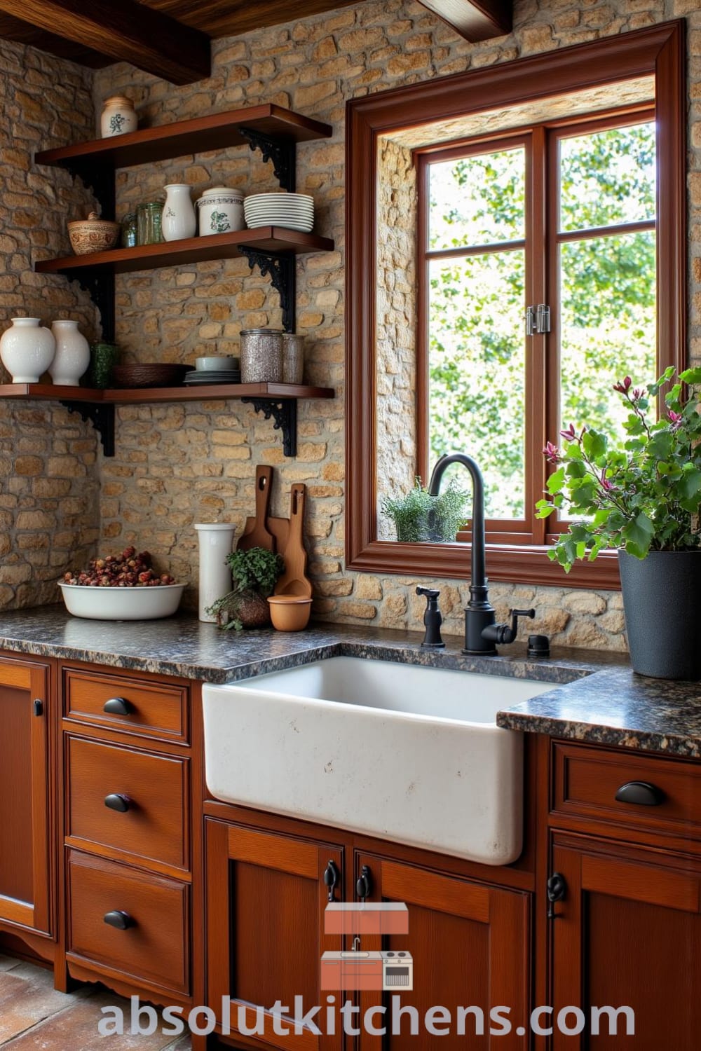 Cozy rustic kitchen featuring rich brown wood cabinetry, exposed stone walls, a farmhouse sink under a sunlit window, and hand-crafted shelves displaying unique ceramics, emphasizing decor ideas and inspirations for your home at fireplacesandwoodstoves.com.