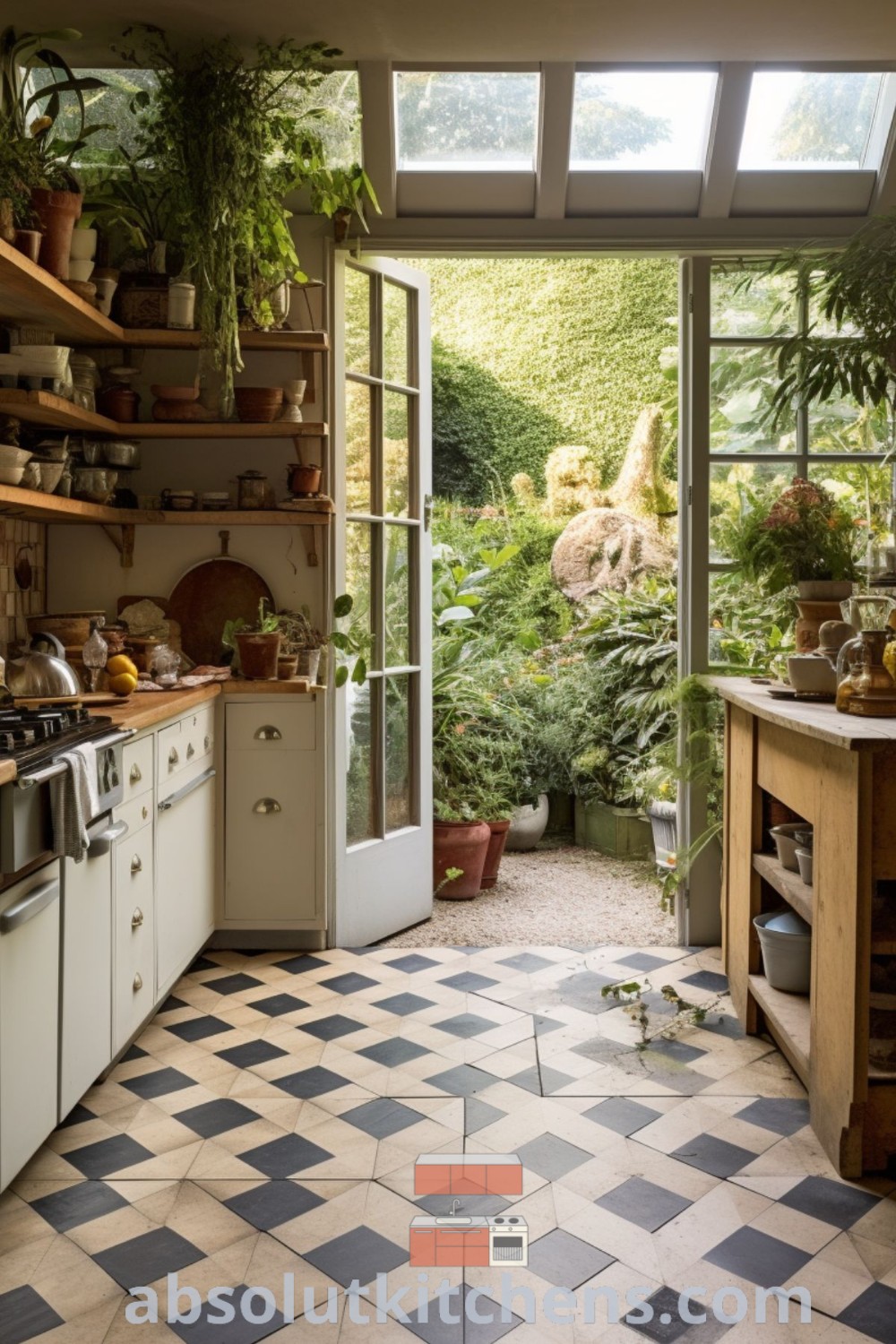 A quaint rustic kitchen featuring potted plants beside an open door leading to a garden. This space exemplifies cozy aesthetics and offers decor ideas for small spaces, showcasing trends from absolutkitchens.com. Inspire your home with these unique rustic design tips!