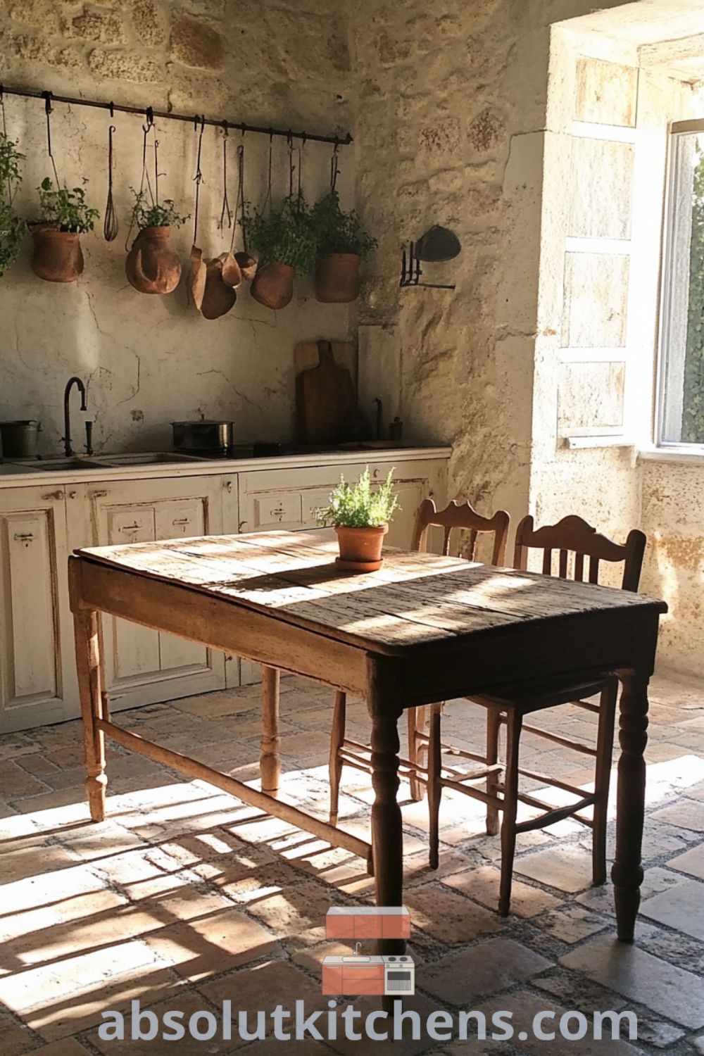 Cozy French kitchen with pale stone walls, terracotta pots of herbs, a weathered wooden table surrounded by mismatched chairs, and sunlight streaming through a quaint window, creating a warm, inviting atmosphere. Absolutkitchens.com offers design ideas for homey spaces.