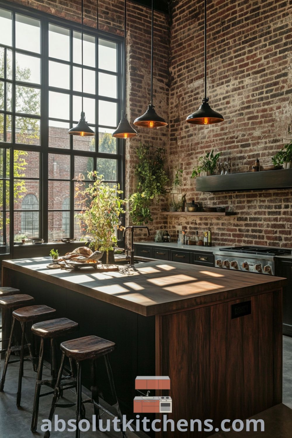 Urban loft kitchen design featuring reclaimed wood island and warm pendant lighting on absolutkitchens.com, showcasing cozy aesthetic and decor ideas for small spaces.