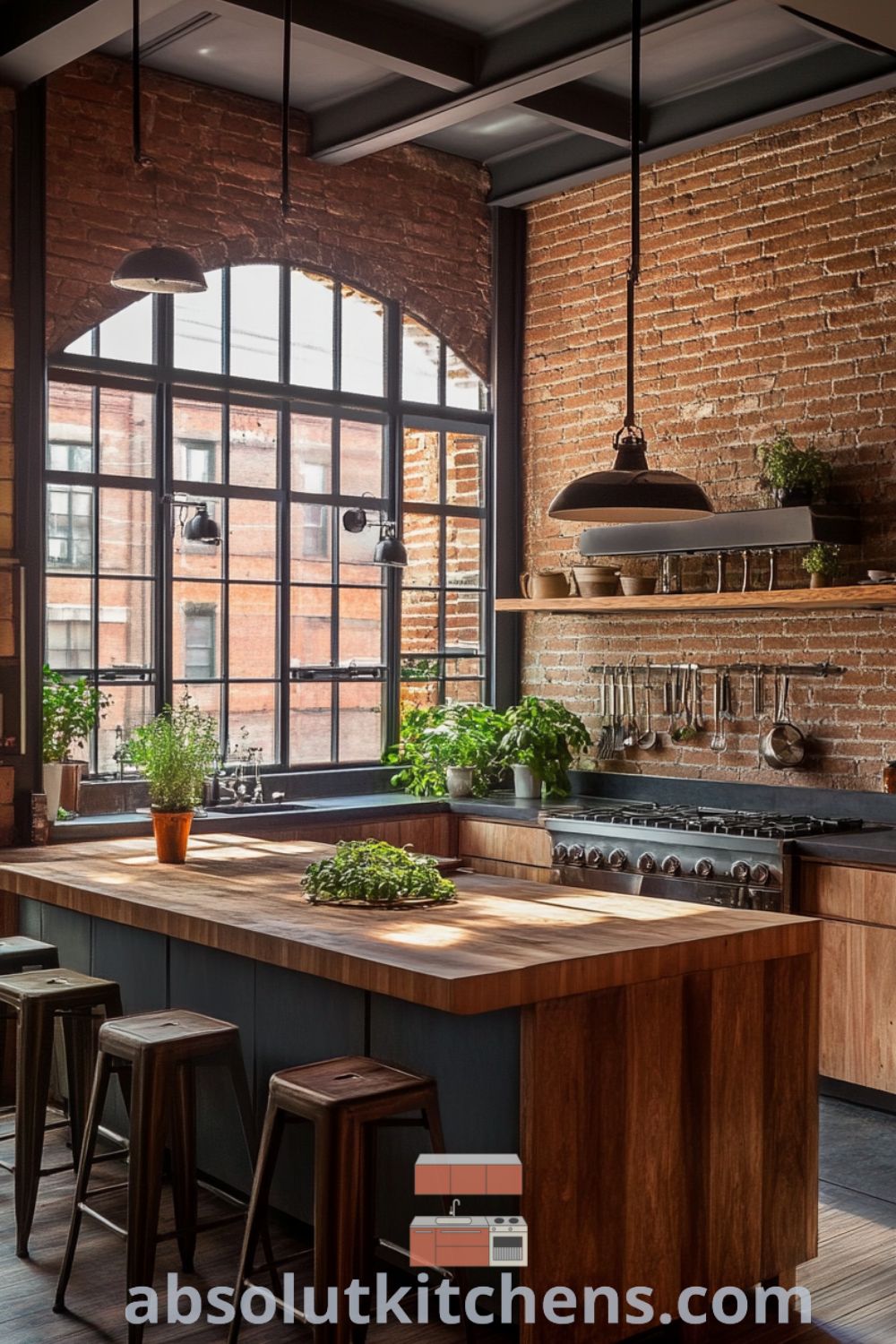 Loft kitchen design on absolutkitchens.com showcasing industrial steel beams, cozy aesthetic, and decor ideas for small spaces.
