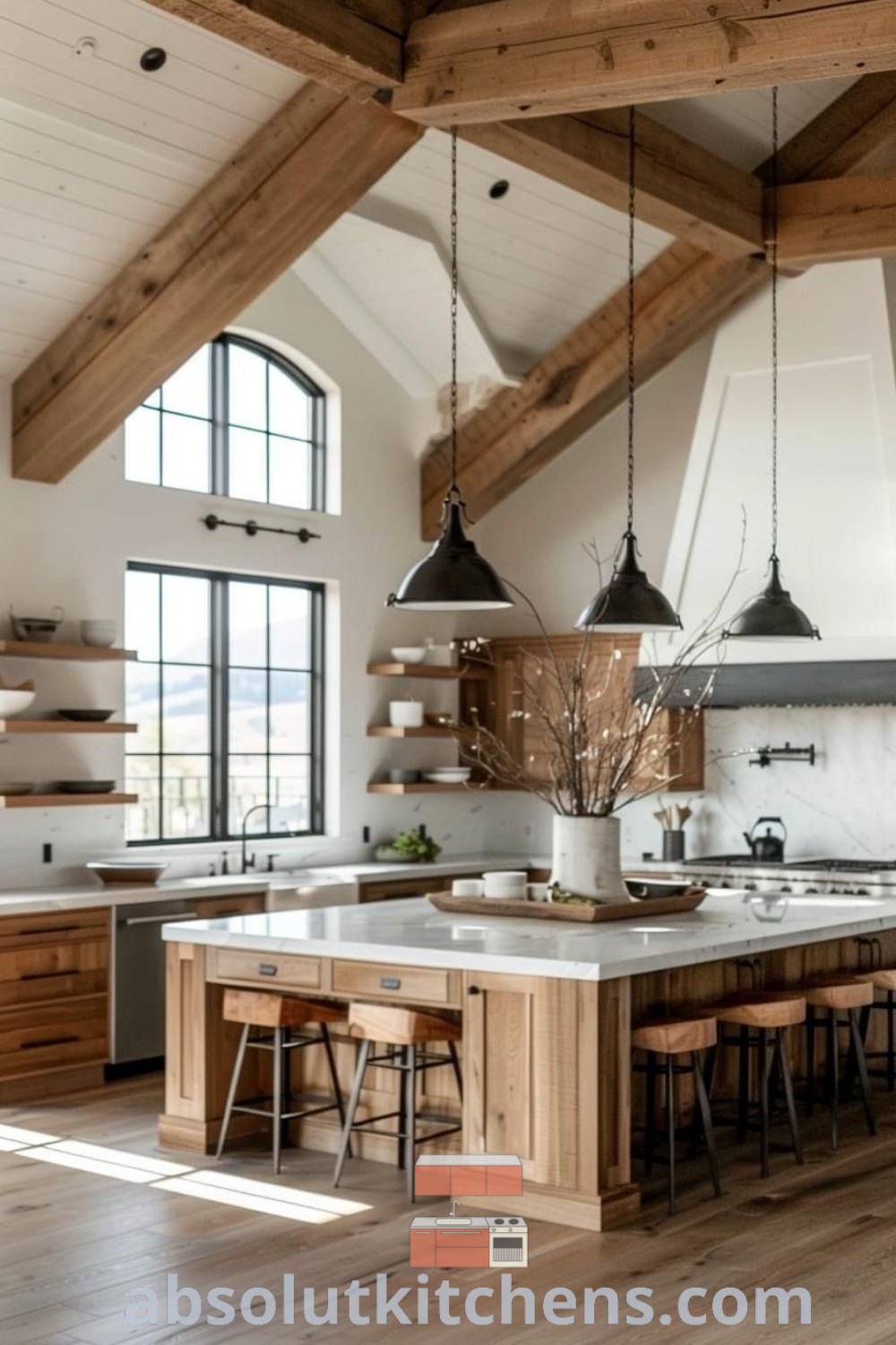 A cozy barn kitchen with wooden beams, white countertops, and matching stools that reflect hardwood flooring. This beautiful kitchen design brings together rustic farmhouse elements, offering inspiring decor ideas for house or apartment. Explore modern farmhouse kitchens on absolutkitchens.com for more stunning design trends.
