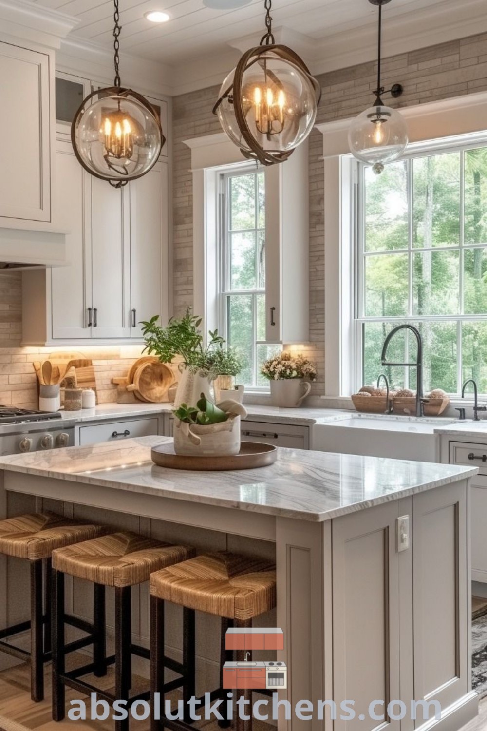 A spacious kitchen featuring a central island with two stools, designed for functionality and style. This inviting kitchen showcases cozy aesthetics and the best kitchen lighting, offering design ideas for small spaces and farmhouse kitchen inspiration. Discover more at absolutkitchens.com.