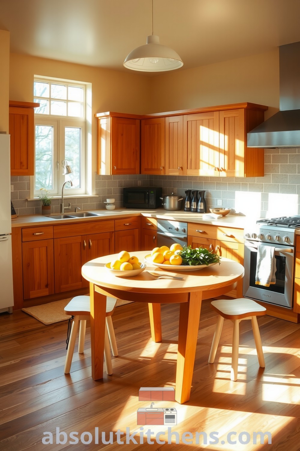 Scandinavian kitchen with warm wooden cabinets, pale wood countertops, and textured stone backsplash, featuring a wooden table layered with fresh fruits and herbs, creating cozy and inviting decor ideas for your home, from fireplacesandwoodstoves.com.