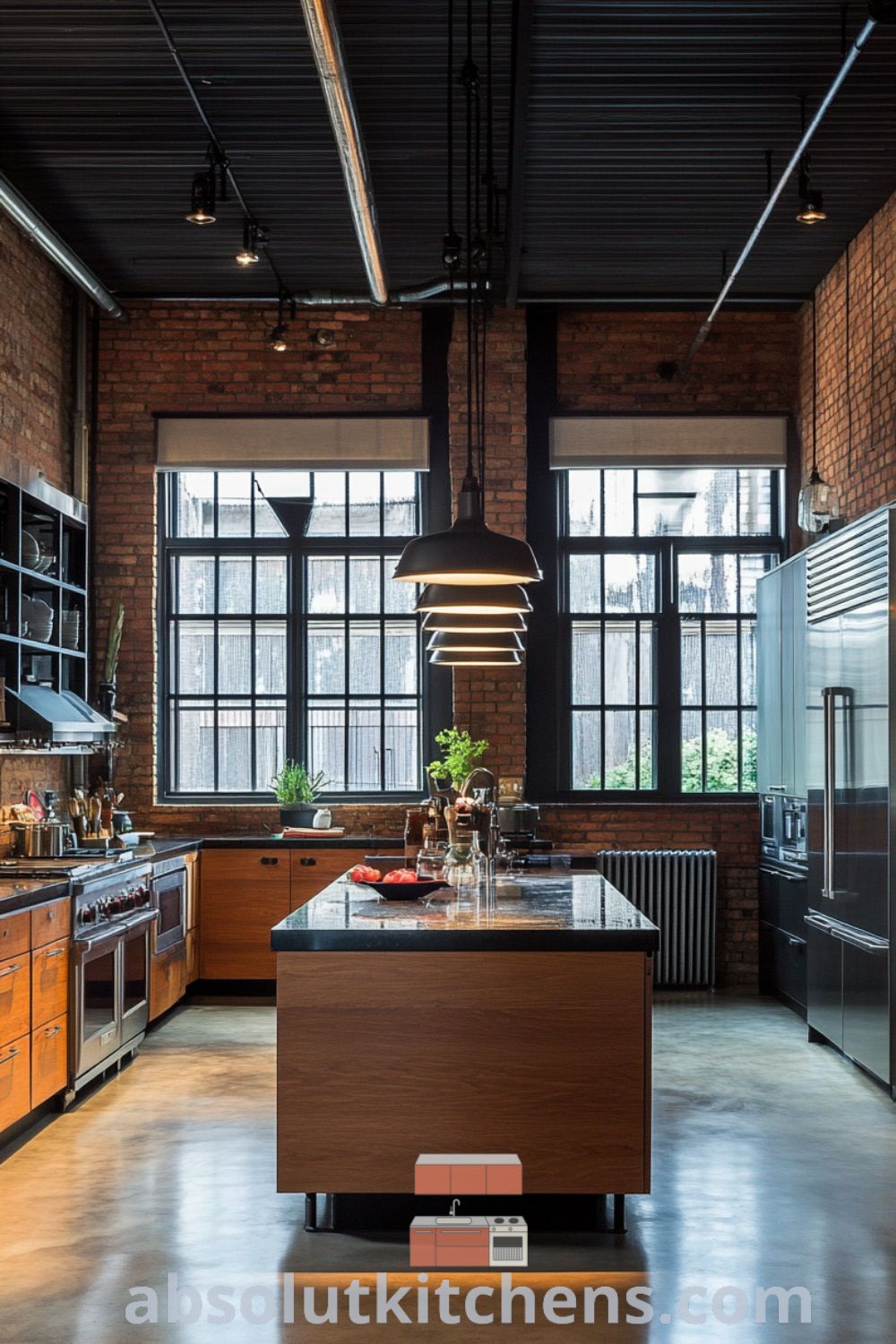 Charming urban loft kitchen on absolutkitchens.com with industrial charm, cozy loft kitchen ideas, and warm pendant lighting, highlighting an inviting atmosphere perfect for entertaining.