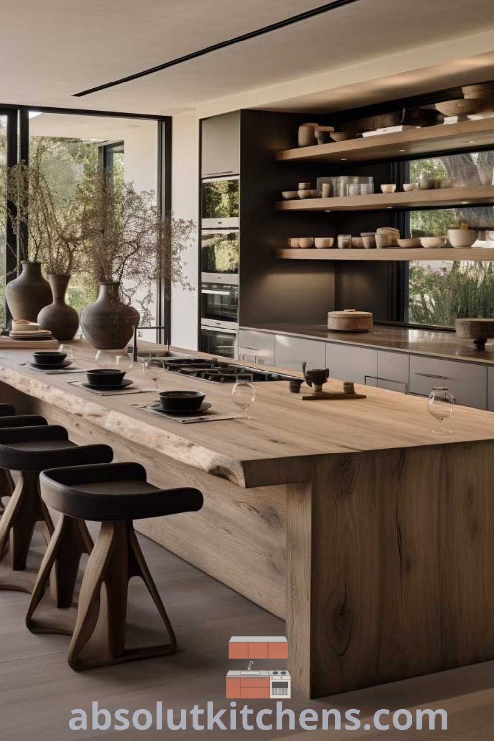 A large modern oak kitchen with wooden countertops, stools, and an inviting island in the center, showcasing design trends and kitchen inspiration. This stylish space highlights cozy aesthetic elements while providing practical kitchen island ideas for homes. Find more decorating ideas at absolutkitchens.com.