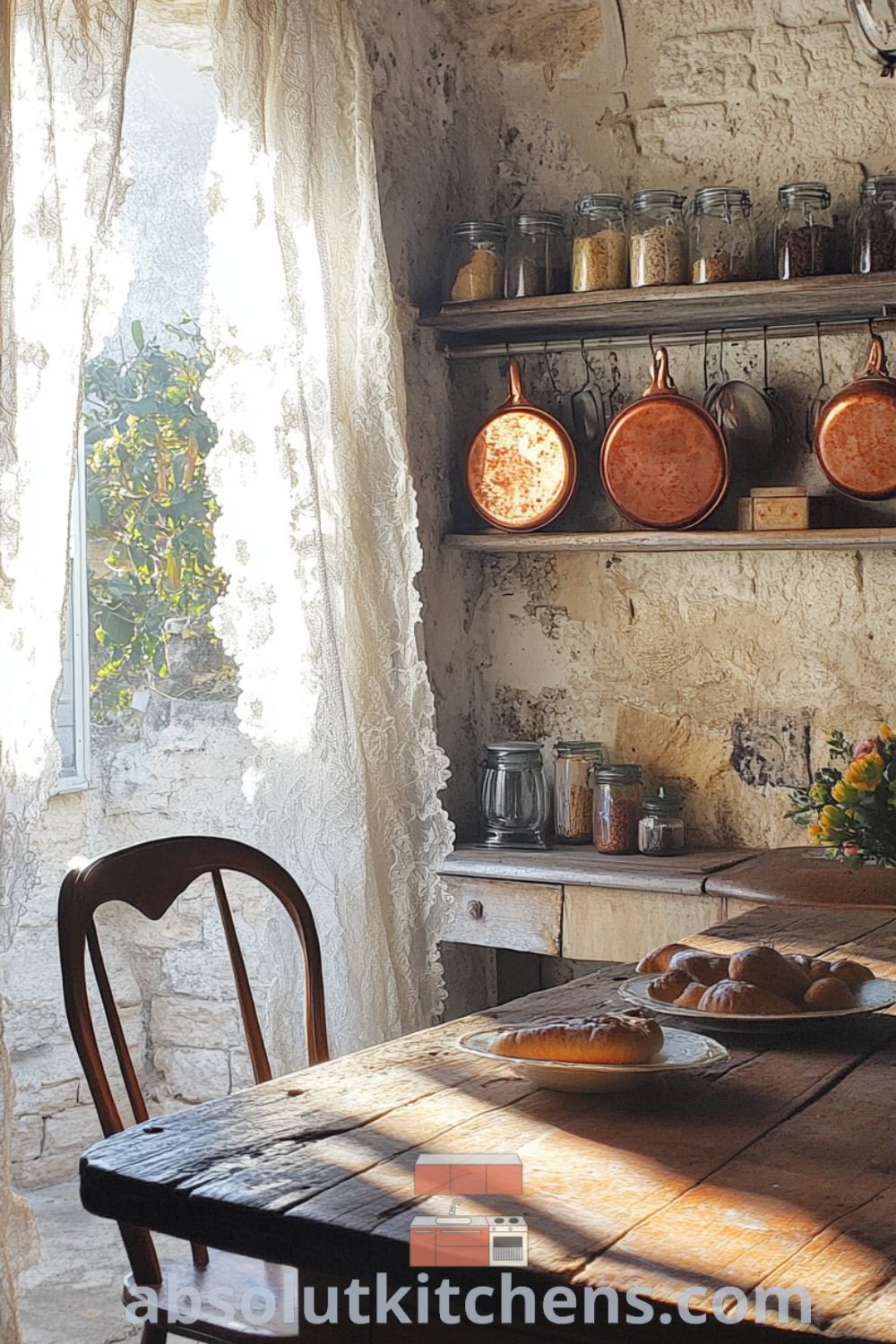 Vintage French kitchen ambiance on absolutkitchens.com featuring a rustic wooden table, cozy aesthetic, and charming decor ideas for small spaces.