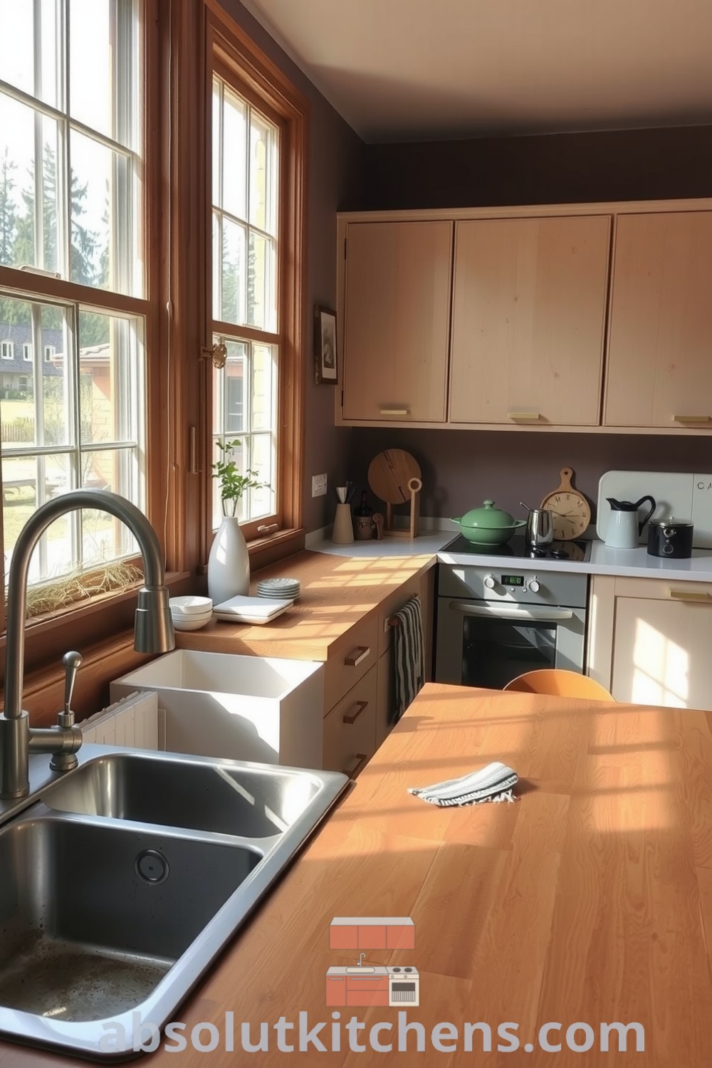 Scandinavian kitchen with soft brown tones, natural woodgrain countertops, light cabinetry, vintage metal sink, and potted herbs on the windowsill, showcasing cozy ideas for home decor and design inspirations from fireplacesandwoodstoves.com.