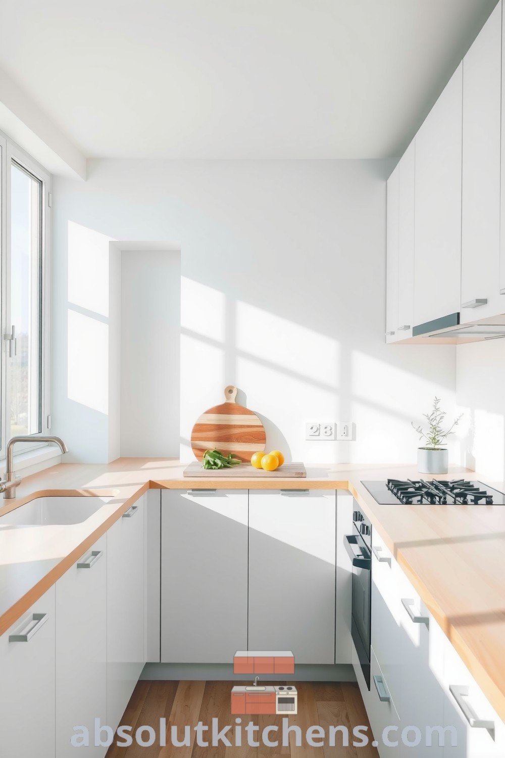 Minimalist kitchen design featuring crisp white cabinetry and warm wood accents, with large windows allowing natural light to enhance the serene atmosphere; includes a cozy nook with a cutting board, ideal for inspiring decor ideas and cozy home inspirations. Visit fireplacesandwoodstoves.com for more unique ideas.
