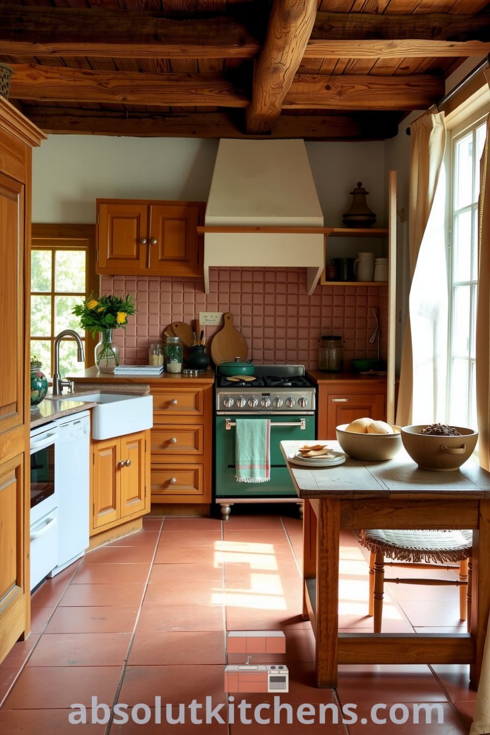 Cozy French kitchen featuring rustic wood cabinetry and terracotta tiles, with a farmhouse table inviting gatherings, illuminated by soft sunlight through delicate linen curtains, offering design ideas and inspirations for a warm home atmosphere. Visit absolutkitchens.com for more decor ideas.