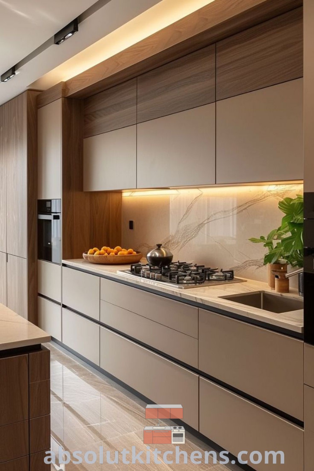 A minimal aesthetic kitchen with two wooden stools in front of a kitchen counter, open shelves above, and plants on the wall, showcasing cozy ideas and unique design inspirations. Explore more about minimalistic kitchen aesthetics and decor ideas at wellnesswink.com.