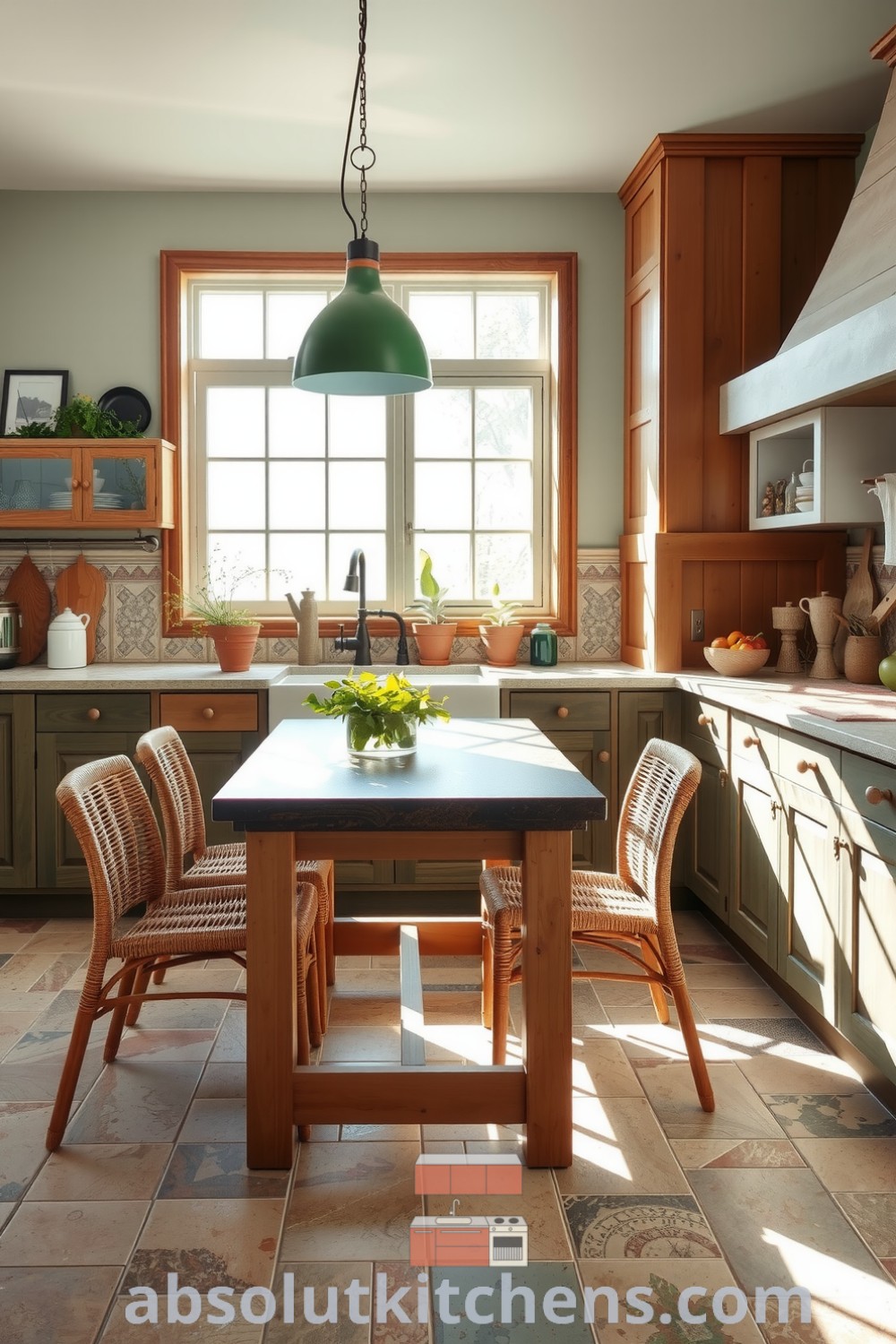 Cozy nature-inspired kitchen featuring soft greens and earthy browns, warm wooden cabinets, stone countertops, wicker chairs, and terracotta pots with herbs, creating a welcoming and homey atmosphere. Visit absolutkitchens.com for more design ideas.