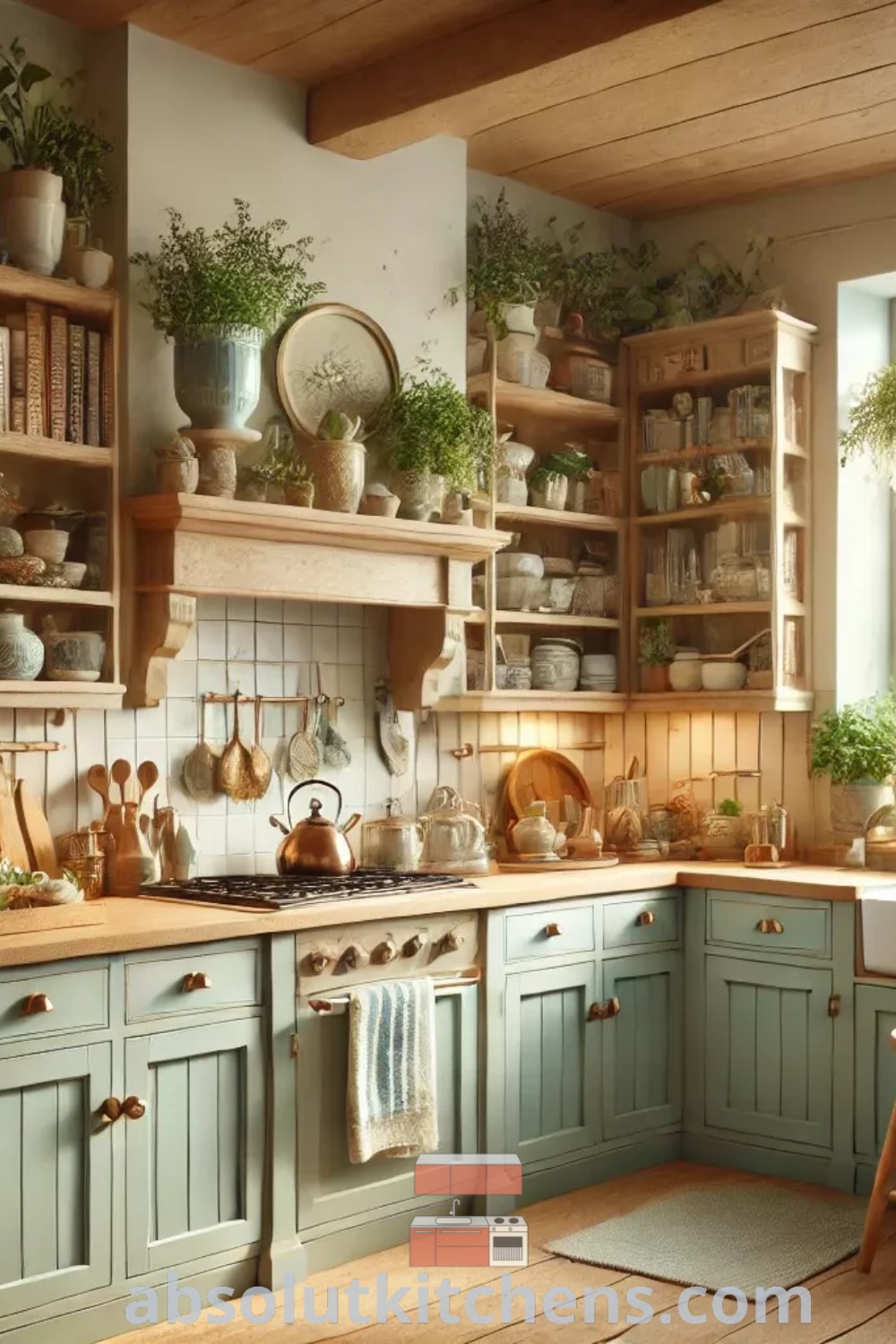 A cozy kitchen filled with green cupboards that exemplify the Cottagecore aesthetic. This inviting space combines whimsical fairy cottage elements with functional design, showcasing decor ideas for small spaces. Explore inspiring ideas and trends for your home at absolutkitchens.com.