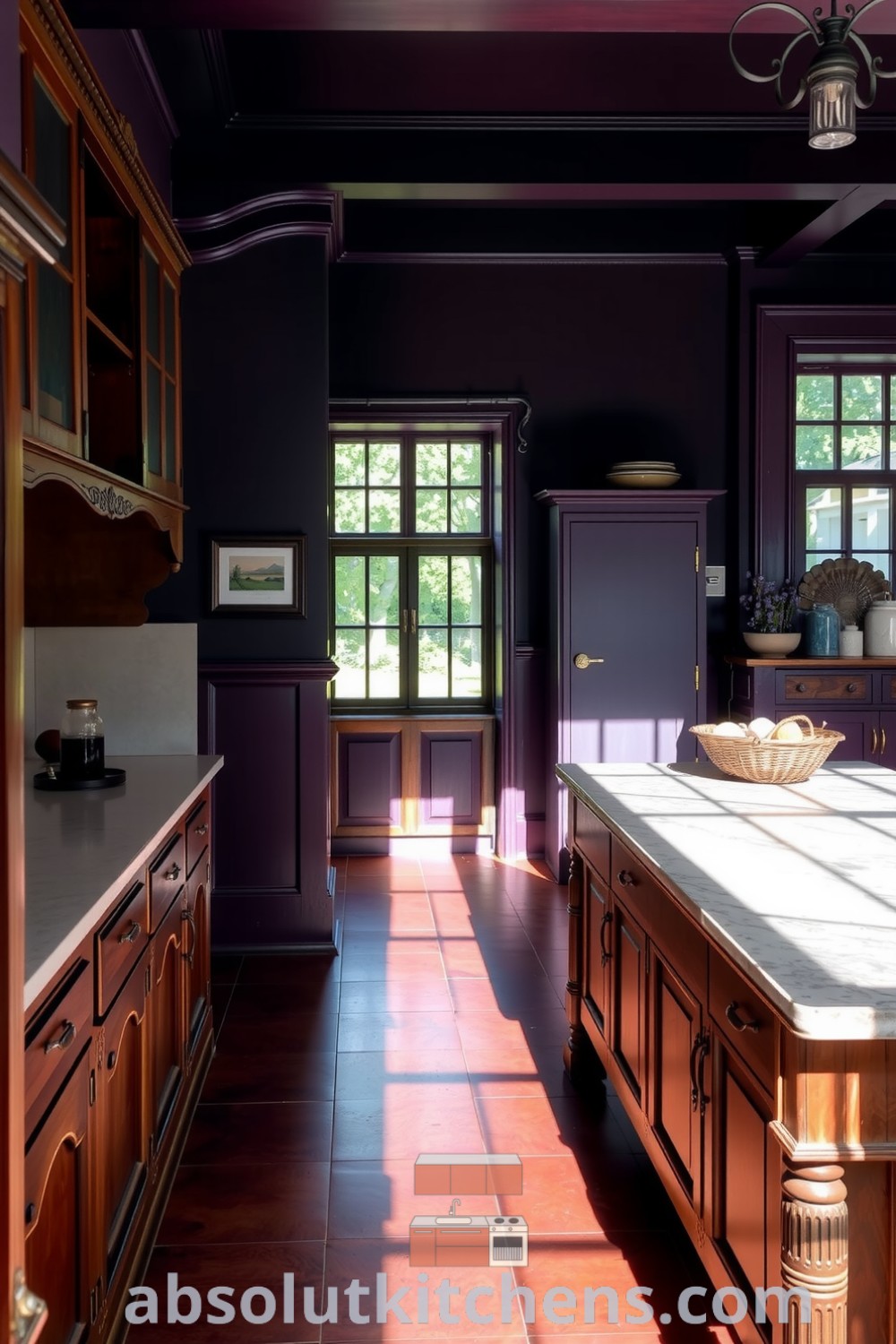 Cozy Victorian kitchen featuring deep purple walls, weathered wooden cupboards, a polished marble countertop, and multi-paned windows, with preserved goods and dried herbs, providing decor ideas for a cozy home at absolutkitchens.com.