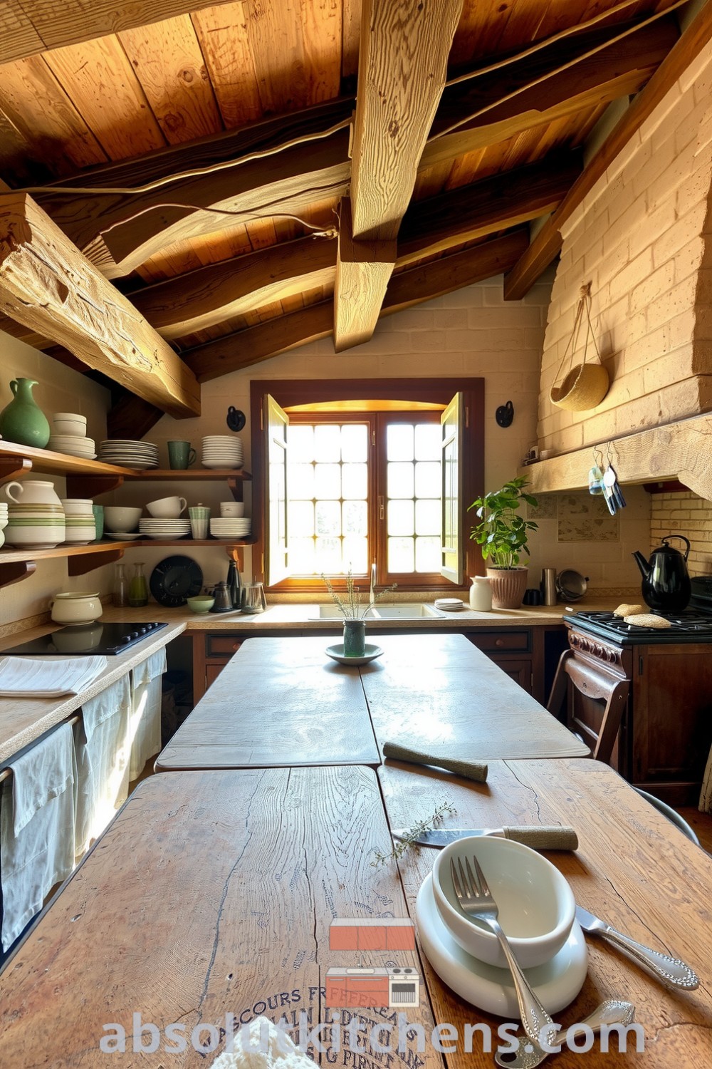 Cozy rustic kitchen featuring wooden beams, weathered stone countertops, and mismatched ceramic dishes, illuminated by sunlight, creating an inviting atmosphere perfect for family gatherings. Visit absolutkitchens.com for inspiring decor ideas.