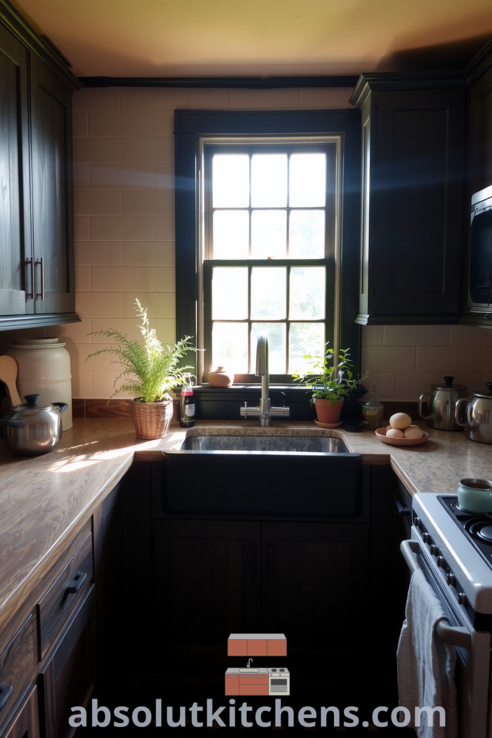 Cozy farmhouse kitchen with wooden cabinetry, an old farmhouse sink, and potted herbs, exuding a warm and inviting atmosphere with the aroma of baked bread and a rustic aesthetic, featured on absolutkitchens.com.