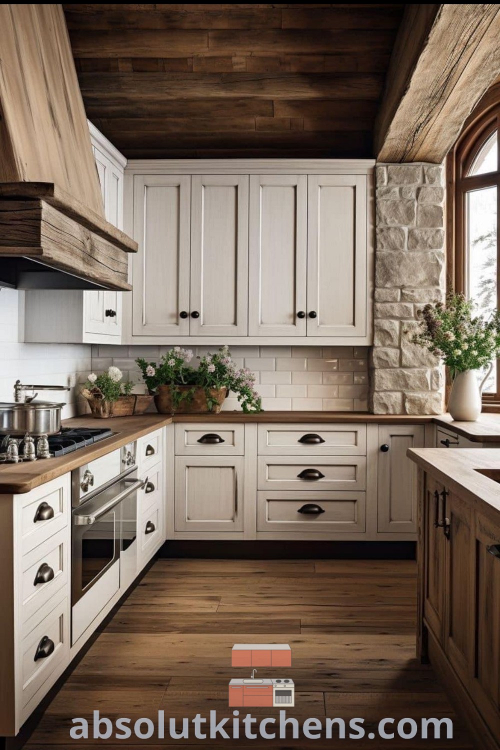A cozy farmhouse kitchen showcasing white cabinets, wooden floors, and potted plants on the counter, providing design tips for a beautiful and functional space. Discover inspiring ideas for kitchen islands and cabinet designs at absolutkitchens.com.