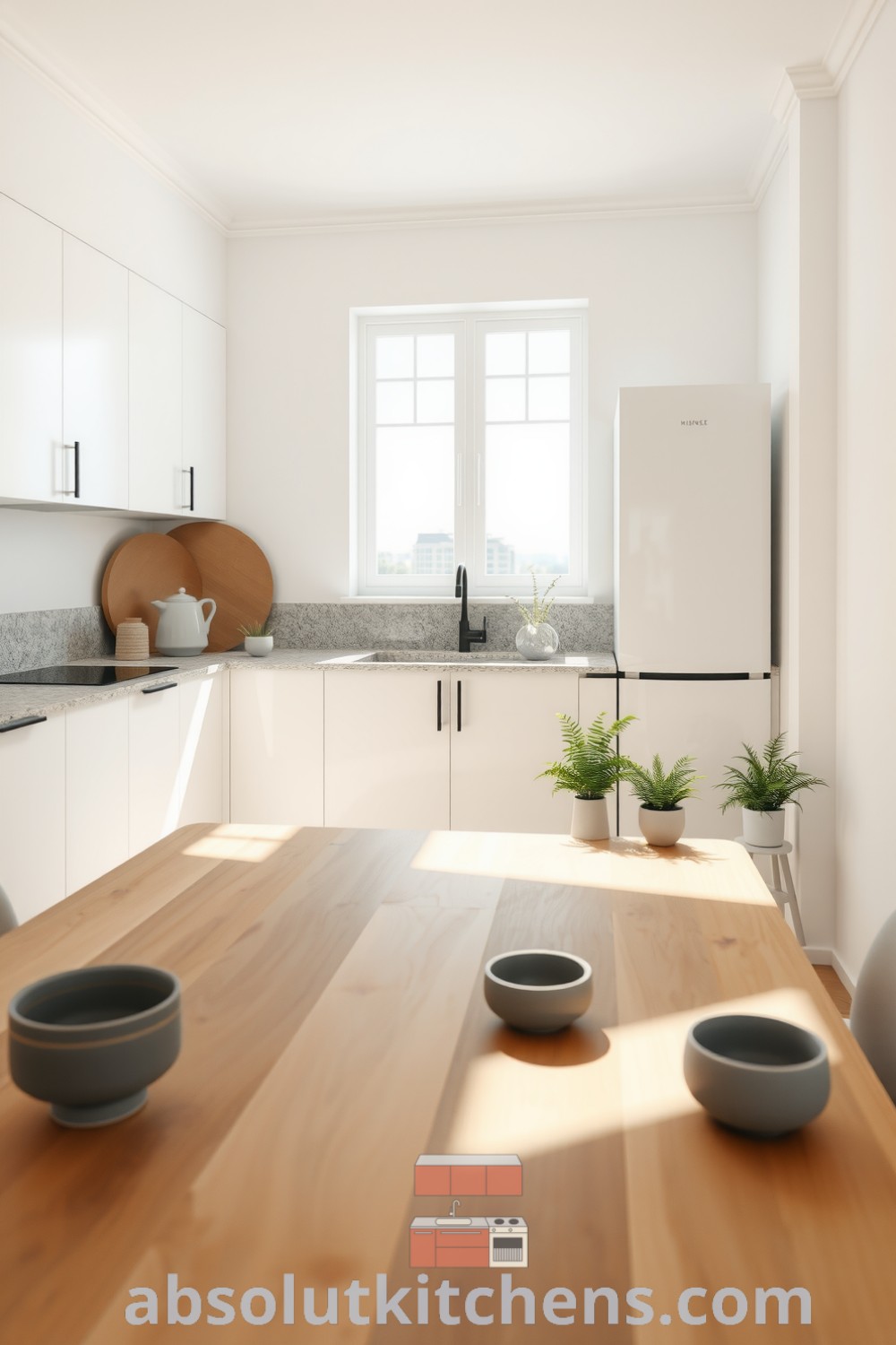 A minimalistic kitchen featuring pristine white cabinetry and a raw wooden table, with a granite countertop illuminated by sunlight, accented by ceramic bowls and potted herbs, showcasing cozy ideas for your home and inspiring decor ideas from fireplacesandwoodstoves.com.