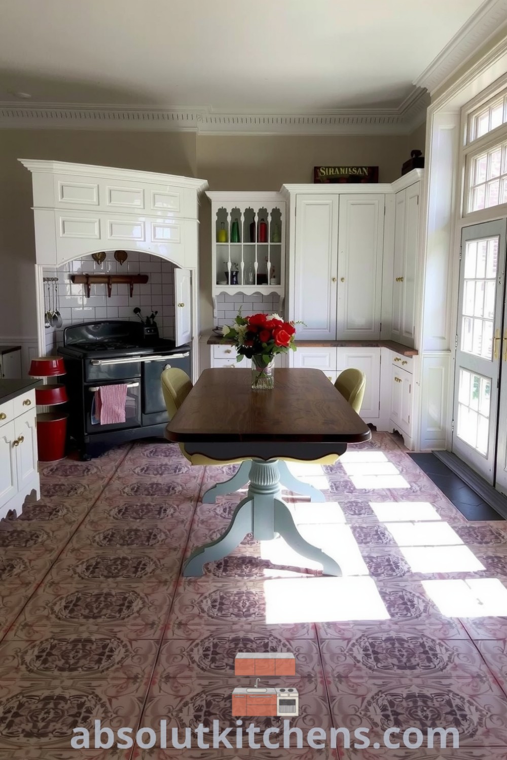 Cozy Victorian kitchen featuring white cabinetry, intricate patterned tiles, an antique dining table, and a floral centerpiece, exuding warmth and inviting atmosphere, ideal for gatherings. For more cozy ideas and decor inspirations, visit absolutkitchens.com.