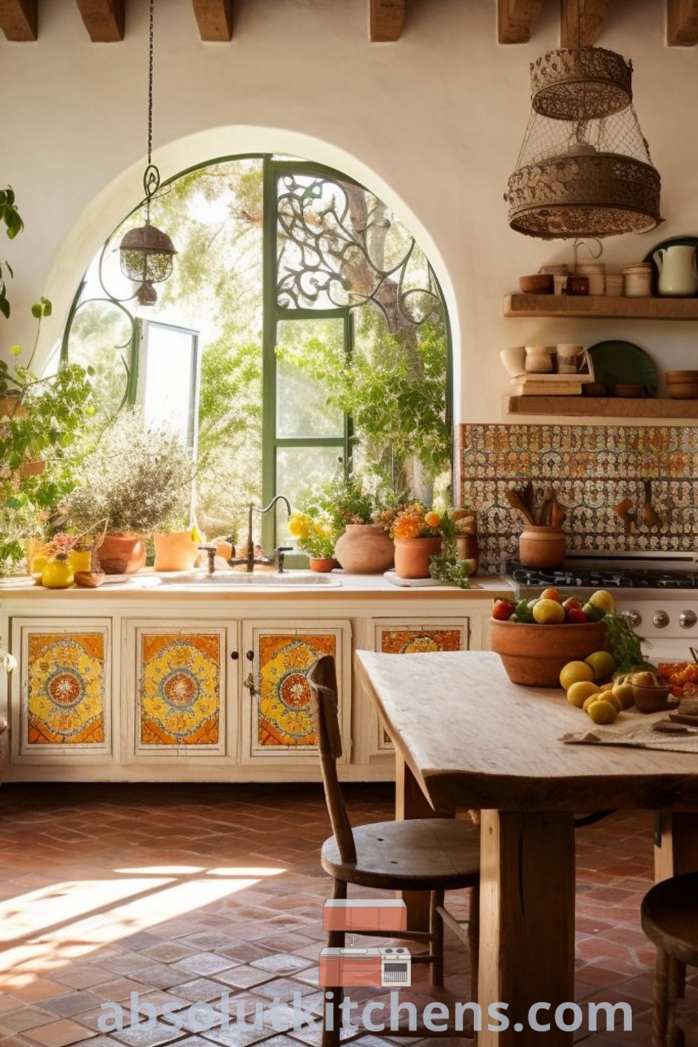 A vibrant Mediterranean kitchen with an arched window, potted plants, and fresh fruit on the countertop, showcasing design trends and decor ideas for cozy home spaces. Explore more inspiring kitchen designs at absolutkitchens.com.