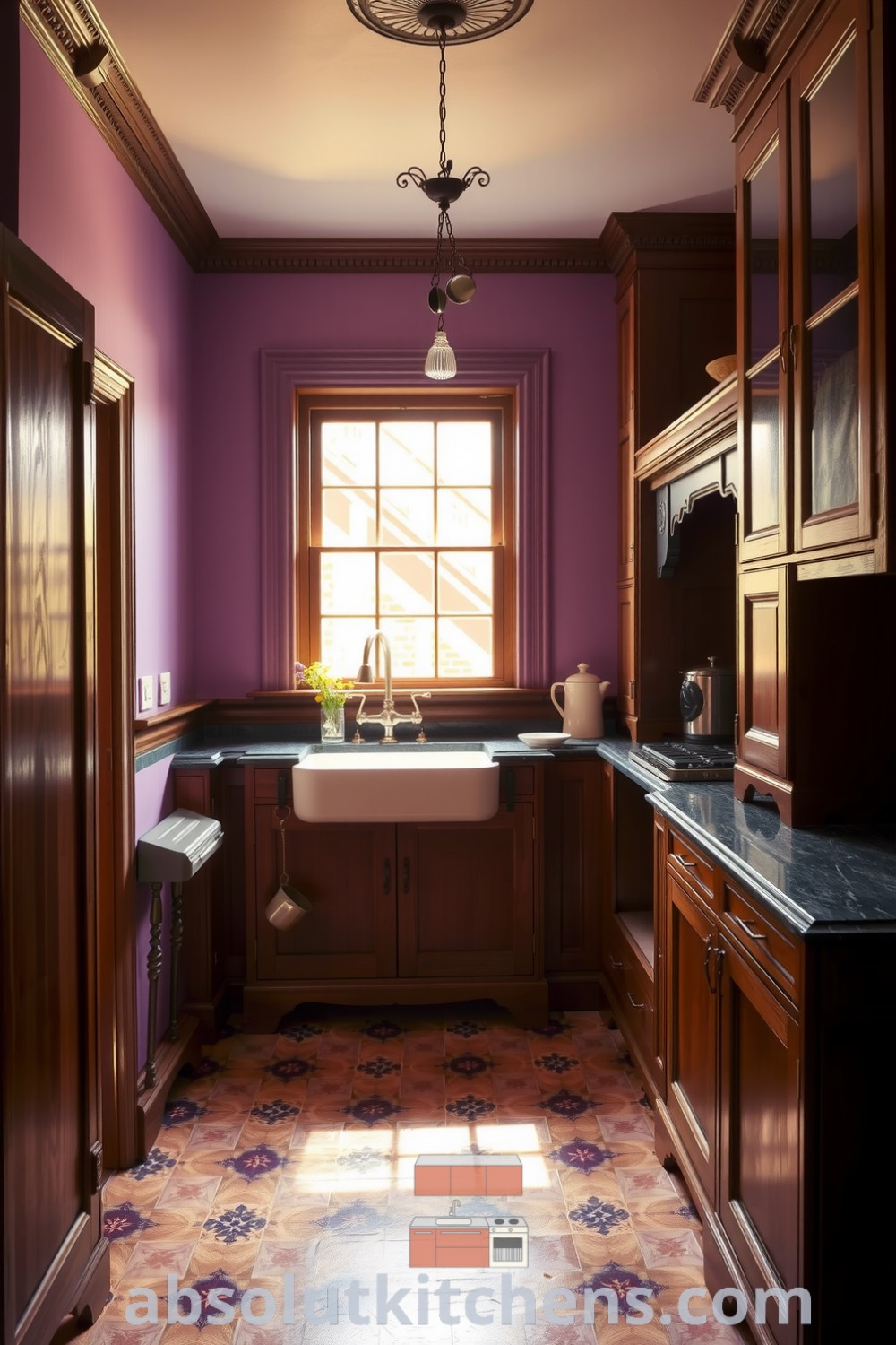 Cozy Victorian kitchen featuring soft purple walls, dark wood cabinetry, and a farmhouse sink with warm sunlight, adorned with vintage utensils and a jar of herbs, perfect for inspiring decor ideas for a cozy home. Visit absolutkitchens.com for more unique ideas.