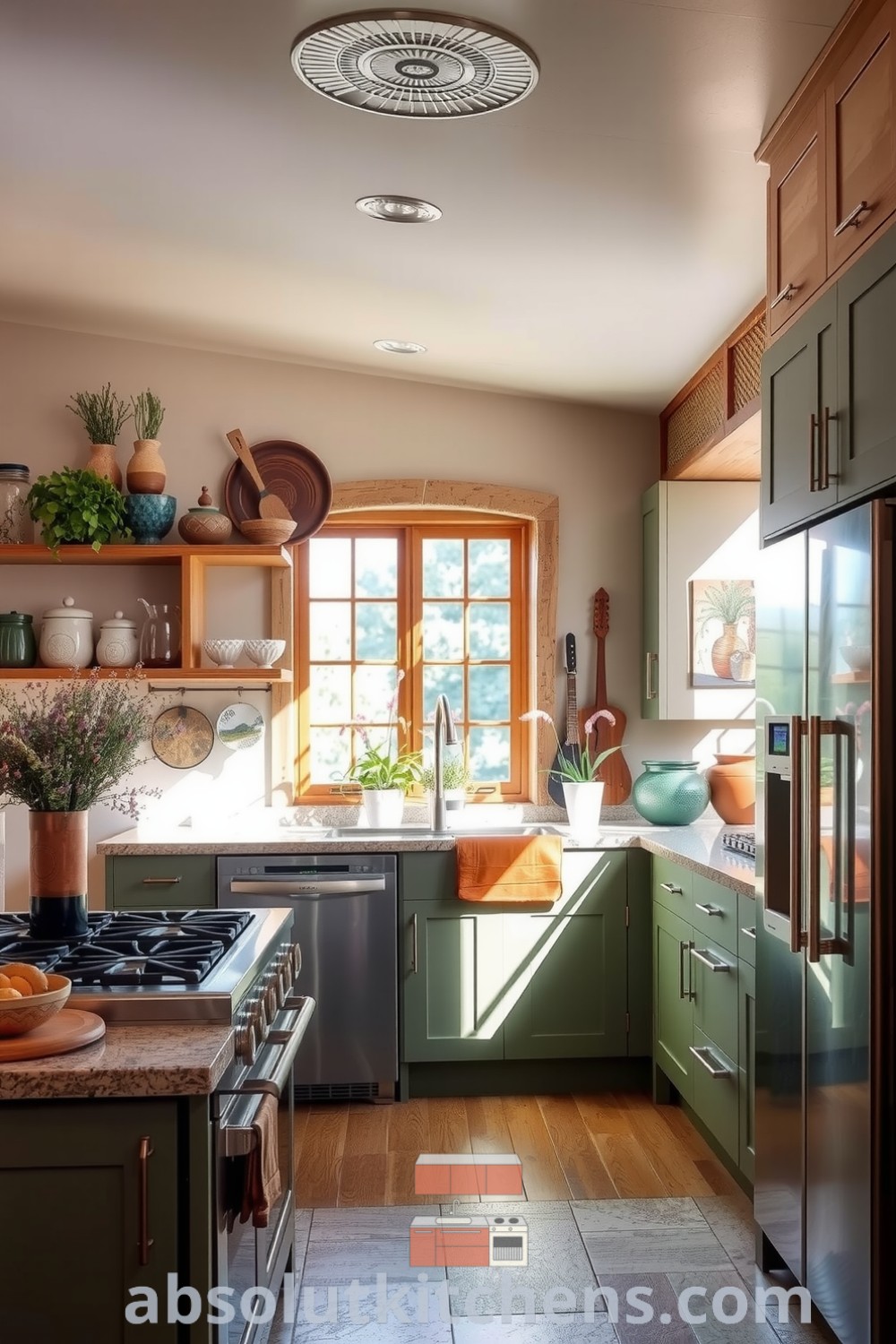 Cozy nature-inspired kitchen with soft green cabinetry, reclaimed wood accents, stone countertops, and stainless steel appliances, featuring handcrafted pottery and a sunlit window showcasing flourishing herbs. Visit absolutkitchens.com for cozy decor ideas and inspirations for your home.