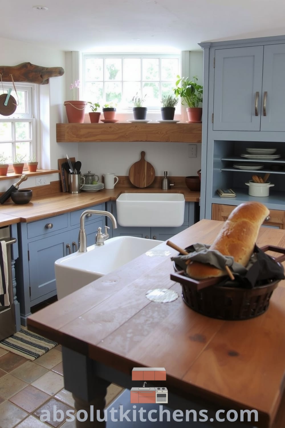 Rustic kitchen with soft blue cabinetry, weathered oak countertops, and a farmhouse sink under a sunlit window, decorated with potted herbs, capturing cozy home decor ideas for an inviting atmosphere, showcasing inspirations for your home at fireplacesandwoodstoves.com.