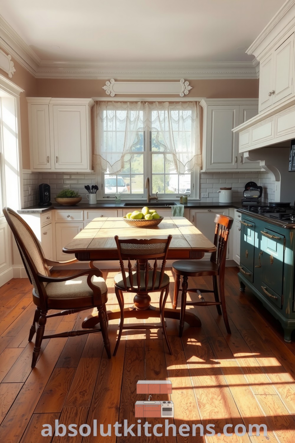 Cozy Victorian kitchen featuring soft white cabinetry, rustic floorboards, a large oak table surrounded by mismatched chairs, and vintage stove, embodying warmth and inviting decor ideas for your home at absolutkitchens.com.