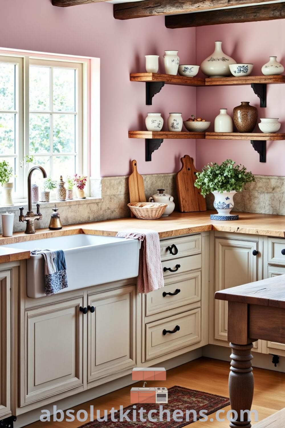 Rustic kitchen with weathered wood and stone elements, featuring a farmhouse sink, open shelves of handmade pottery, and a sturdy wooden table, embodying cozy ideas for inspiring decor and unique designs for your home, from fireplacesandwoodstoves.com.