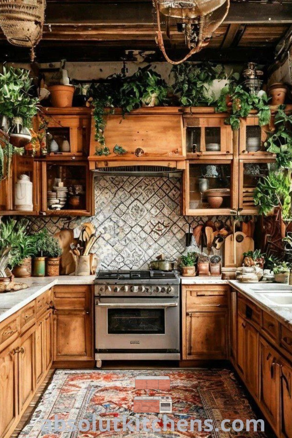 A rustic bohemian kitchen filled with potted plants, a stove top oven, and a chandelier, showcasing an earthy modern kitchen style. This cozy aesthetic is perfect for house or apartment design trends, offering inspiring decor ideas from absolutkitchens.com.