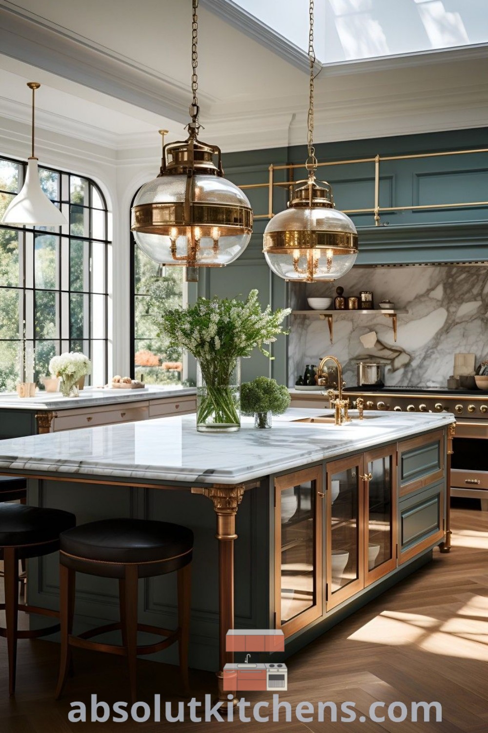 A large kitchen with marble countertops and gold trimming on cabinets, featuring stylish stools, showcasing beautiful kitchen island ideas and inspiring decor for a cozy yet luxurious aesthetic. Explore more design trends at absolutkitchens.com.