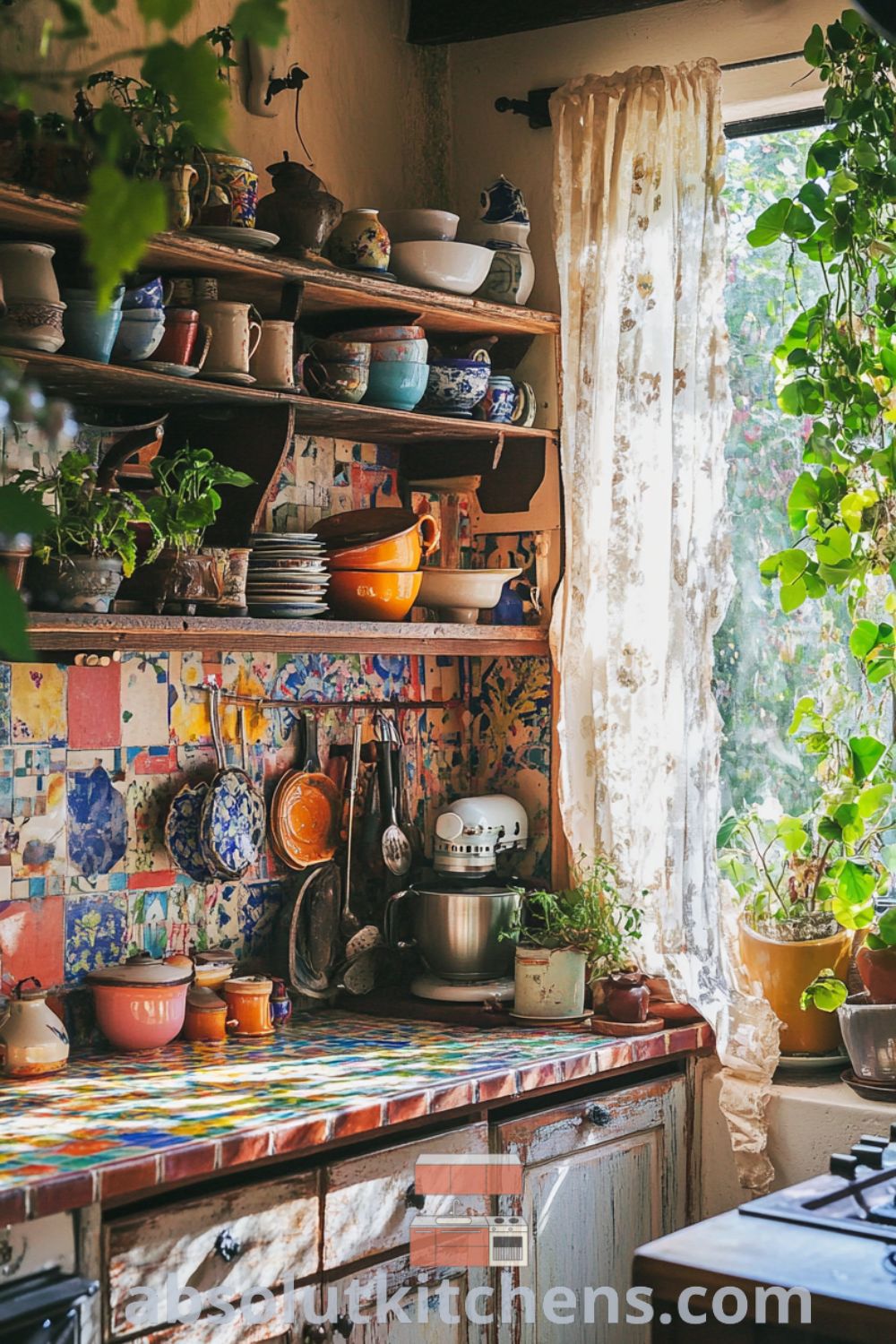 Bohemian Kitchen scene on absolutkitchens.com featuring vibrant decor, cozy kitchen aesthetics, and unique kitchen design ideas for small spaces.