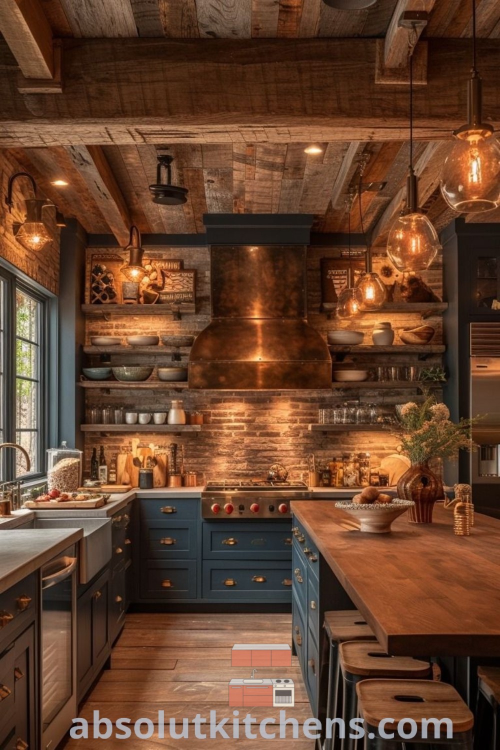 A rustic kitchen design showcasing blue cabinets and wooden floors, embodying a cozy aesthetic with bohemian style. This inspiring space offers decor ideas for small areas and house coastal themes, perfect for a warm and inviting atmosphere. Discover more kitchen inspiration at absolutkitchens.com.