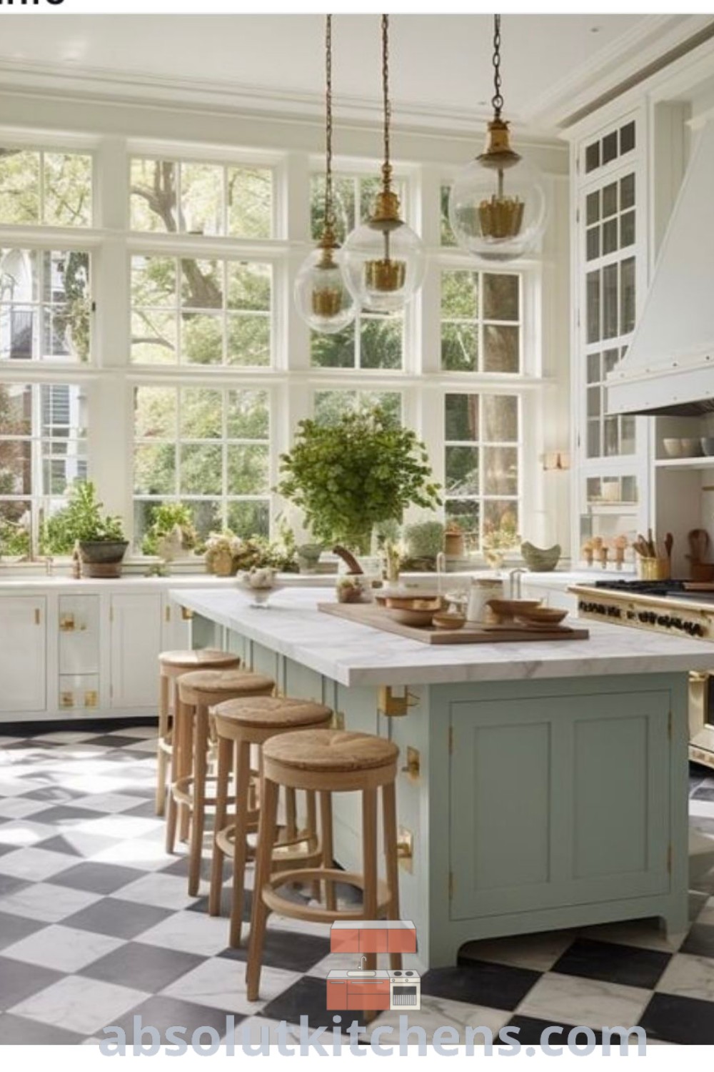 A Victorian Country Kitchen with checkered flooring, large windows, and a blend of French Bakery Aesthetic and Green French Kitchen elements, showcasing inspiring decor ideas for homes. Find more design tips for cozy kitchens at absolutkitchens.com.