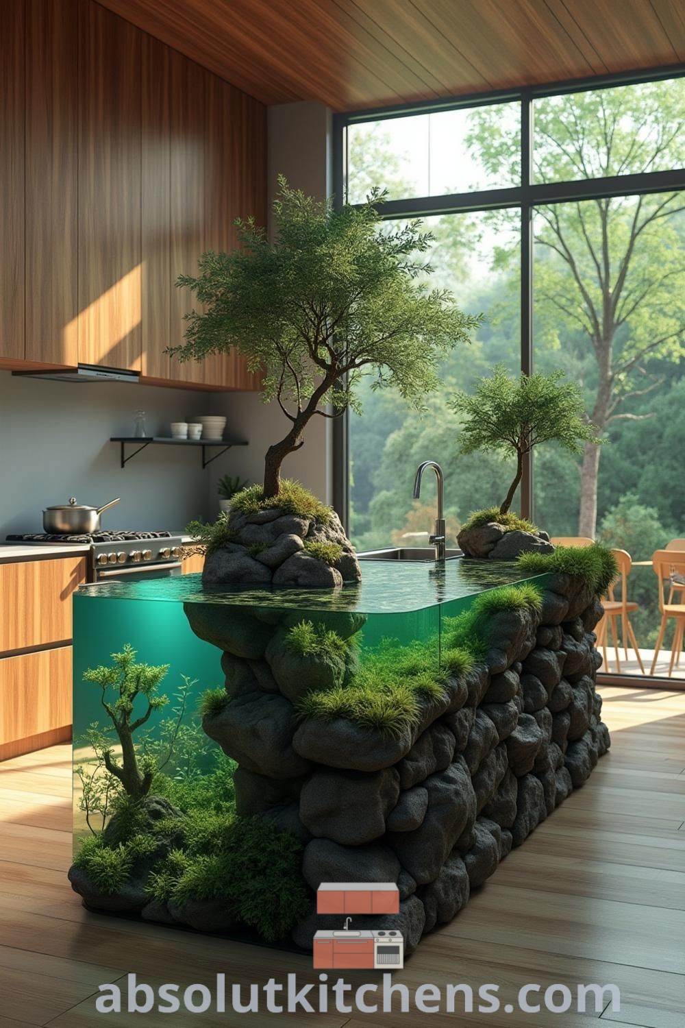 An artistic kitchen island featuring a coral reef design with aquatic garden elements, rocky terrain, and mini trees. This innovative kitchen piece showcases biophilic design in a sleek kitchen space. Explore decor ideas for house or apartment at absolutkitchens.com.