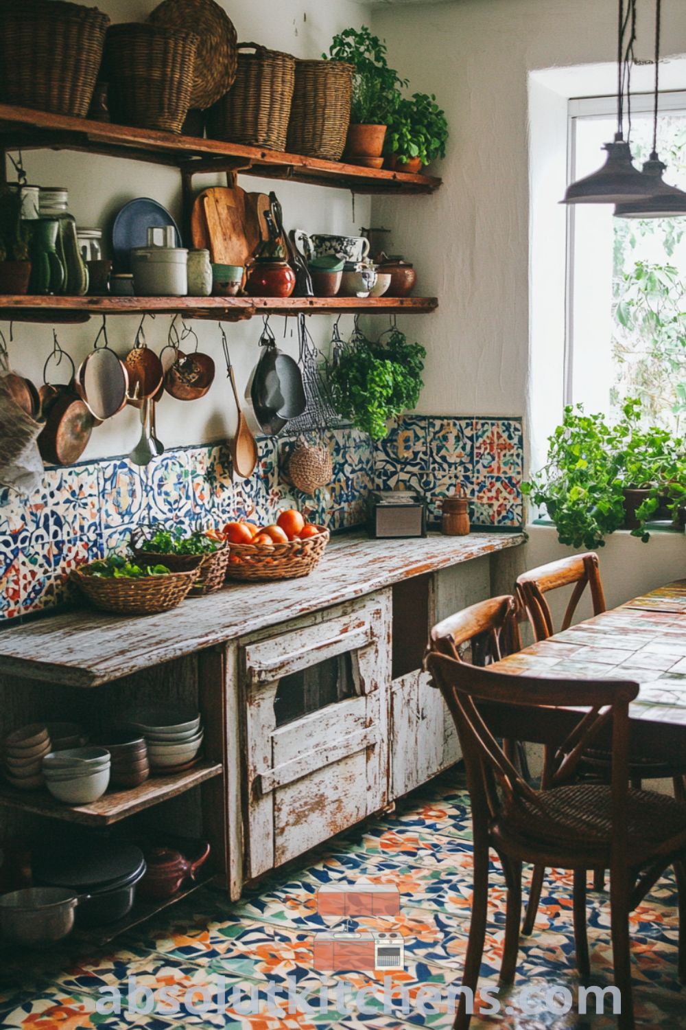 Bohemian Kitchen scene on absolutkitchens.com featuring vibrant tiles, rustic shelves, and cozy kitchen decor, perfect for kitchen organization and transformation.