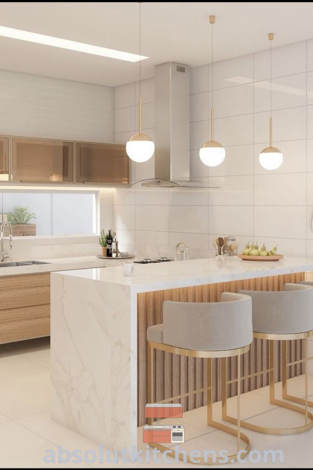 A modern kitchen showcasing elegant marble countertops and stools, highlighting contemporary design ideas. This kitchen interior design modern features cozy elements and smart decor solutions, offering unique ideas for your home. Discover more inspiring kitchen designs at wellnesswink.com.