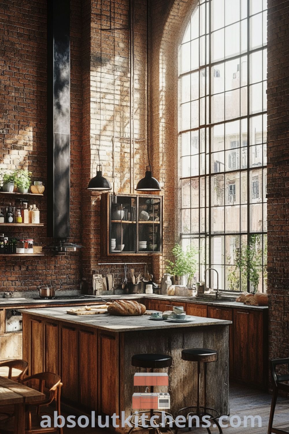 Loft kitchen scene on absolutkitchens.com showcasing reclaimed wooden cabinets, polished concrete island, and cozy aesthetic design tips.