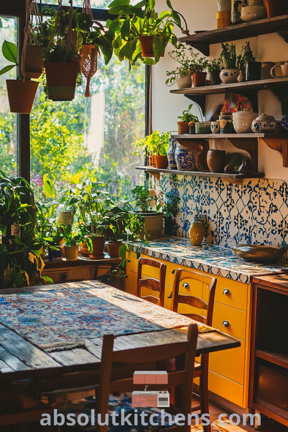 Bohemian Kitchen decor on absolutkitchens.com showcasing eclectic tile work, cozy kitchen organization, and inspiring kitchen transformation ideas.