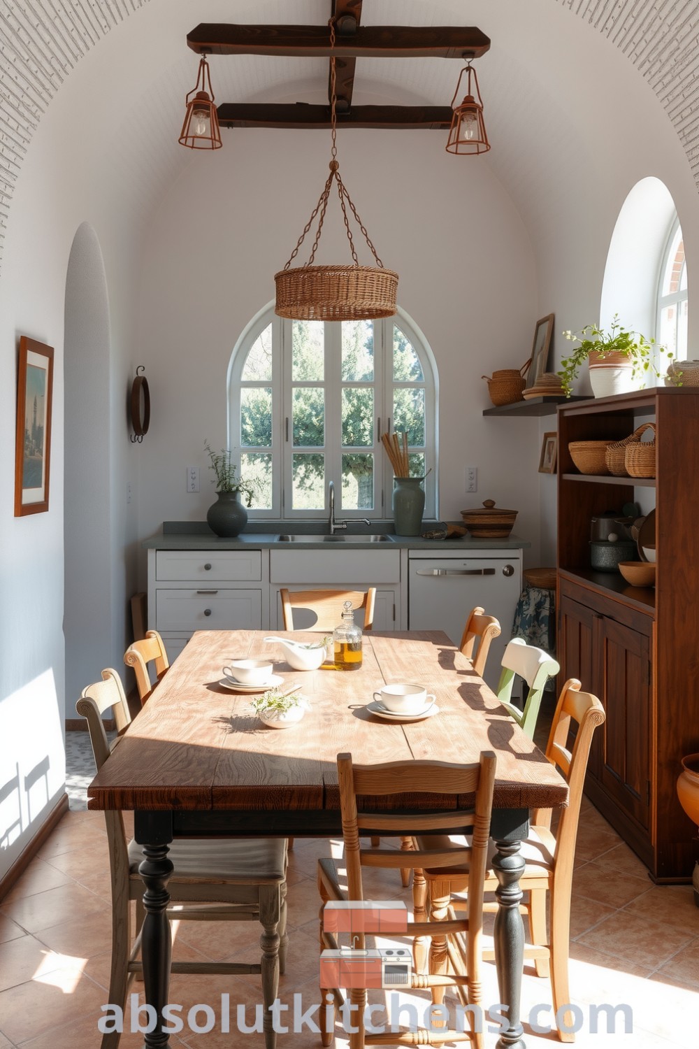 Cozy Mediterranean kitchen featuring whitewashed walls, a rustic wooden table, mismatched chairs, dappled green plants, and handcrafted ceramic bowls; perfect decor ideas for a warm and inviting design at absolutkitchens.com.