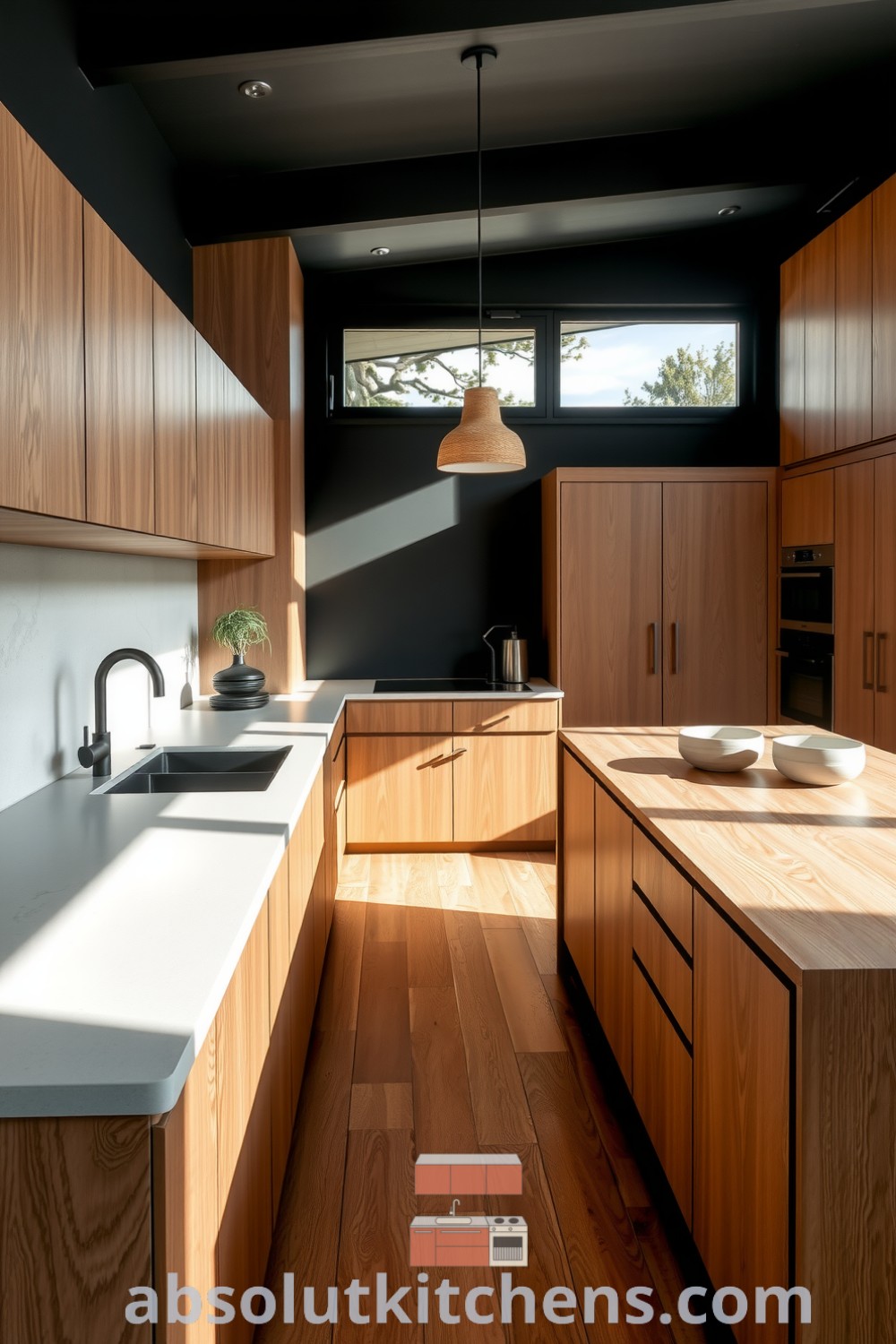 Modern minimalist black kitchen with polished stone countertops, natural wood cabinetry, and a sturdy island, featuring soft sunlight filtering through a large window, creating a cozy atmosphere, perfect for shared meals and memories, presented at fireplacesandwoodstoves.com.