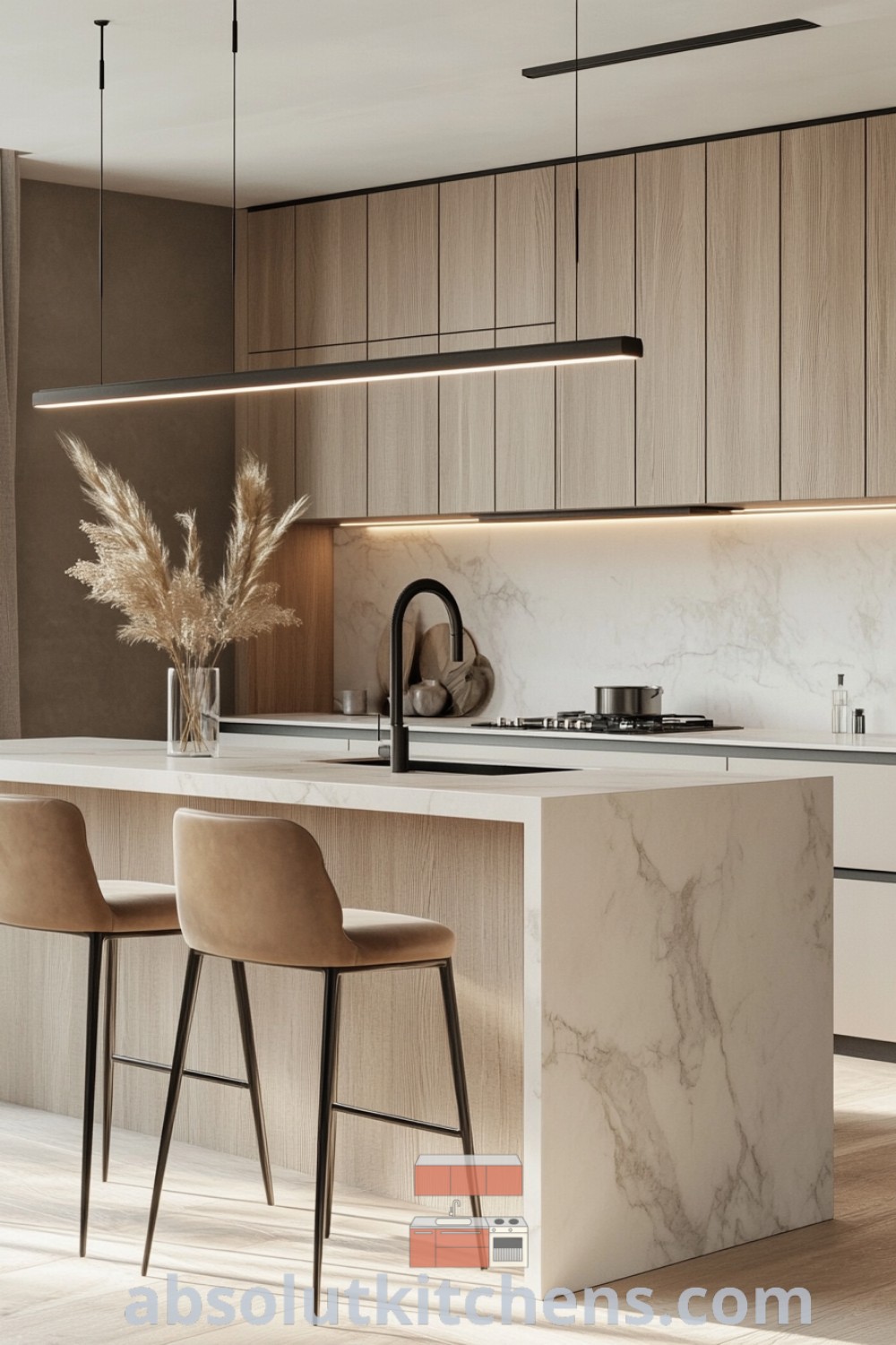 A modern penthouse kitchen designed with minimalistic aesthetics, featuring a stylish kitchen island, farmhouse kitchen green accents, and minimalist kitchen tiles, creating a clean and cozy space. This kitchen idea is perfect for inspiring unique design ideas for your home. Discover more decor inspirations at wellnesswink.com.