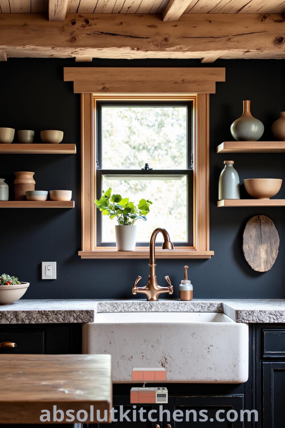 Cozy rustic kitchen design featuring black tones, weathered timber beams, farmhouse sink, stone countertops, and hand-thrown pottery on open shelves, providing unique ideas and inspirations for your cozy home at fireplacesandwoodstoves.com.