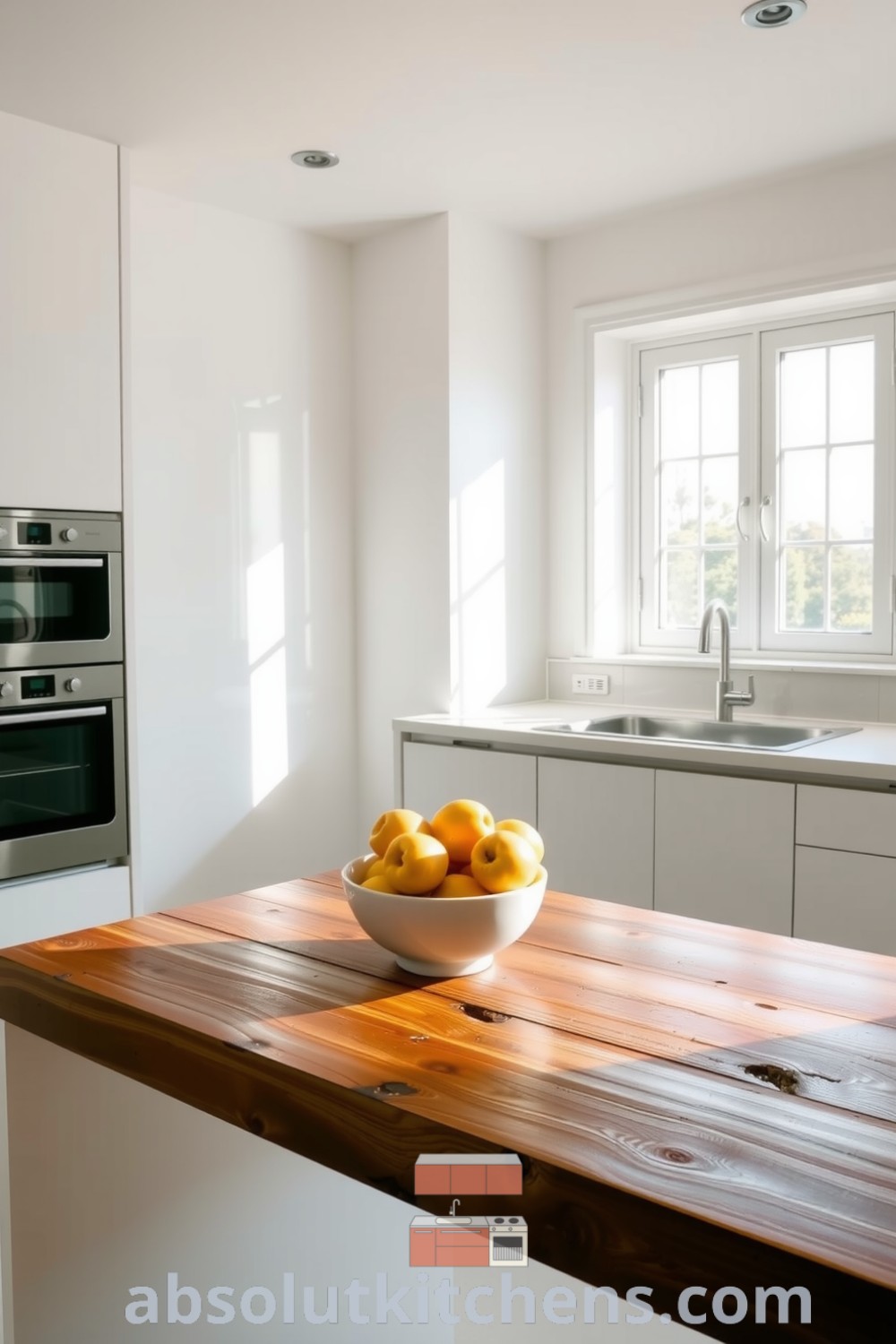 Minimalist kitchen with white walls, sleek cabinetry, a rustic wooden countertop, and a colorful fruit bowl, creating a cozy and inviting atmosphere, with design ideas and inspirations for your home at fireplacesandwoodstoves.com.