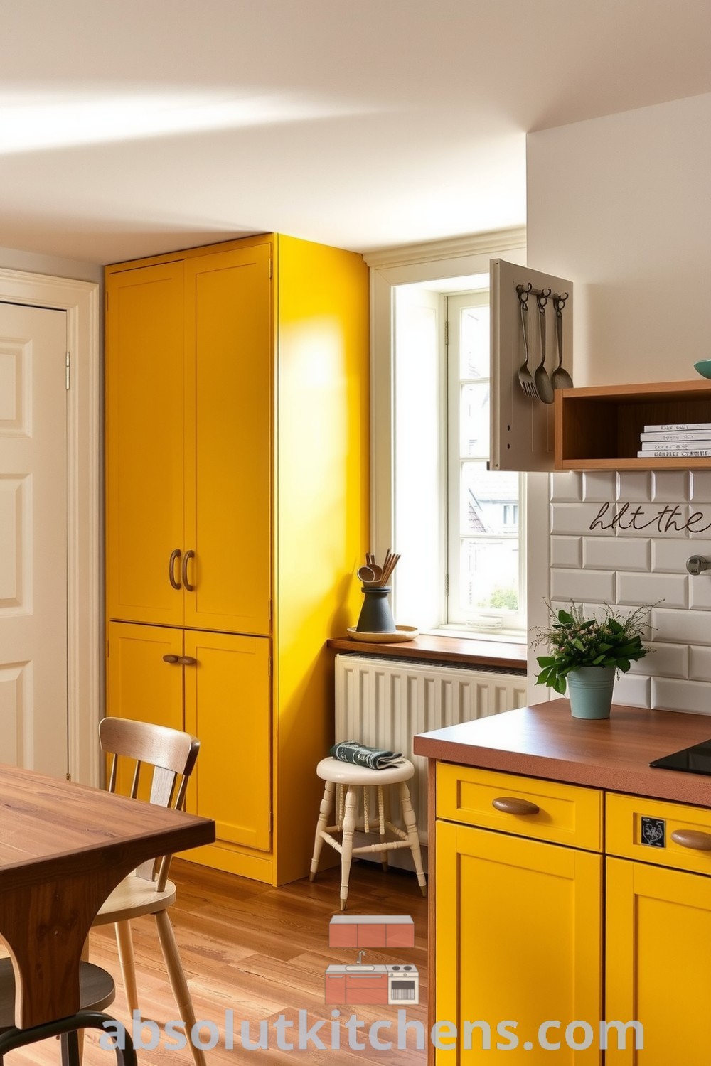 Cozy minimalist kitchen design featuring soft yellow tones, sleek cabinetry, a rustic dining table with mismatched chairs, and hand-finished wooden accents, creating an inviting atmosphere for culinary creativity. Visit fireplacesandwoodstoves.com for more cozy decor ideas.