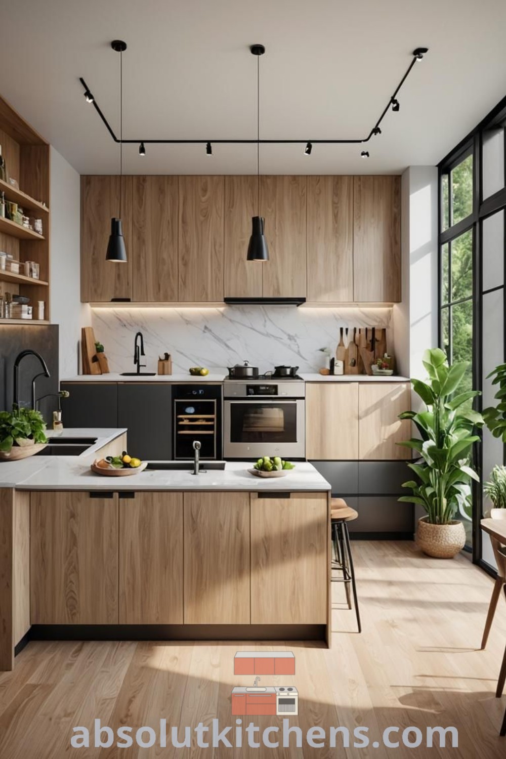 A modern kitchen with wooden cabinets, an island, and a large glass doored window providing ample natural light, showcasing bright kitchen aesthetics and cozy home decor ideas. Discover unique kitchen interior design inspirations at wellnesswink.com.