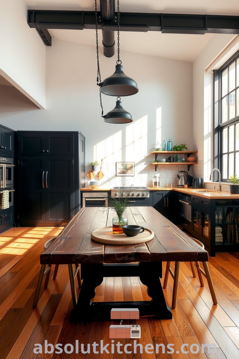Loft kitchen featuring striking black cabinetry, warm wooden flooring, and a rustic dining table adorned with fresh herbs, complemented by large industrial windows and a rough stone backsplash, showcasing cozy design ideas for your home at fireplacesandwoodstoves.com.