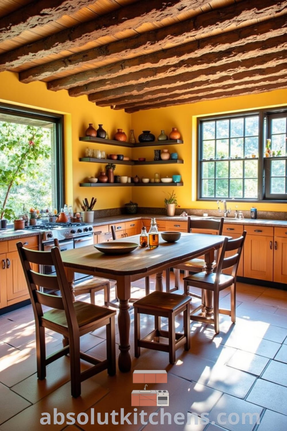 Charming rustic kitchen with yellow walls, weathered wooden beams, a sturdy farmhouse table, mismatched chairs, and handmade pottery shelves creating a cozy home atmosphere, filled with inviting decor ideas and inspirations for your home, as seen on fireplacesandwoodstoves.com.