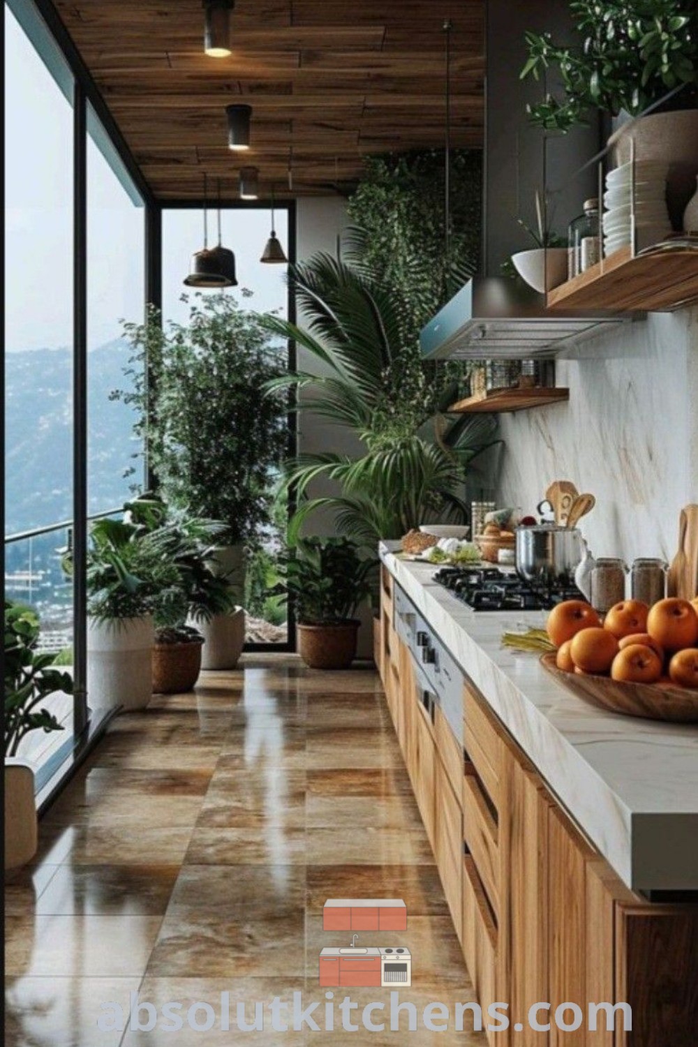 A spacious modern kitchen filled with counter top space next to a large window surrounded by plants, embodying organic modern kitchen trends. This inviting decor showcases inspiring kitchen ideas for house or apartment, offering creative design tips for a cozy and functional space. Discover more decor ideas at absolutkitchens.com.